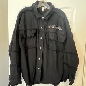 ELAN Oversized Denim Snap Front Jacket Graphic Sz M Grunge Punk Rockabilly